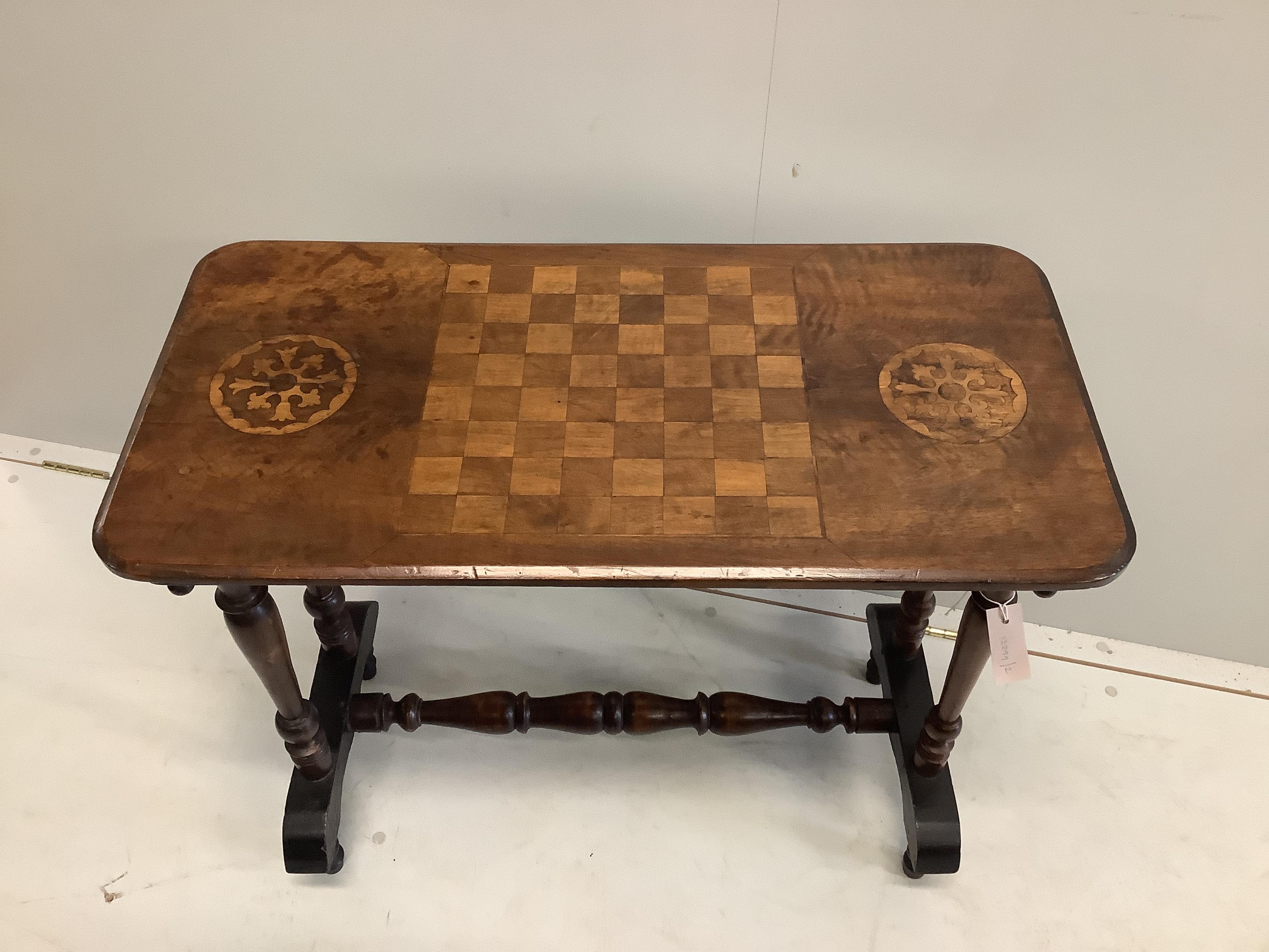 A Victorian rectangular walnut games table, width 78cm, depth 39cm, height 68cm